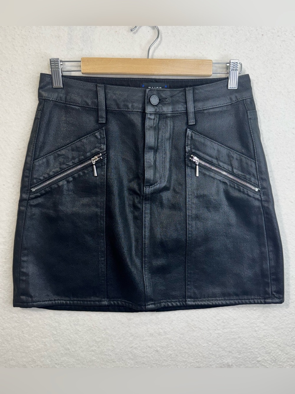 PAIGE “Aideen“ Black Coated Cotton Denim Jean Mini Moto Skirt Indie Grunge Sz 27